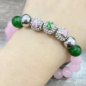 Shining Pink and Green Beaded Bracelet Greek Letter Alpha With Rhinestone Spacers Elastics  Bracelet Jewelry Gift for Women