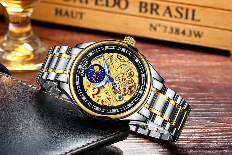 J033 Gold Skeleton Mechanical Watch for Men Automatic Vintage Royal Fashion Engraved Auto Wrist Watches - Image 5