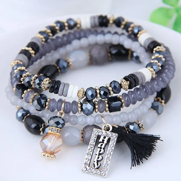 Fashion Tassel and Happy Engrave Charm Bracelet Handmade Multi Color Crystal Bracelet for Women Wholesale Set Bohemia Jewelry - Image 4