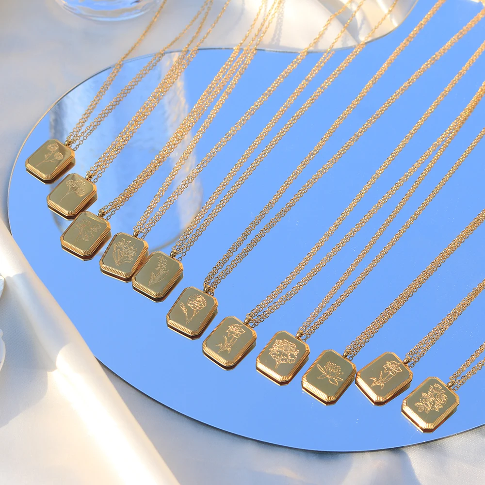 Personalized Gift 18K Gold Plated Birth Flower Necklaces For Women Stainless Steel Square Flower Pendant Charm Necklace Jewelry - Image 2