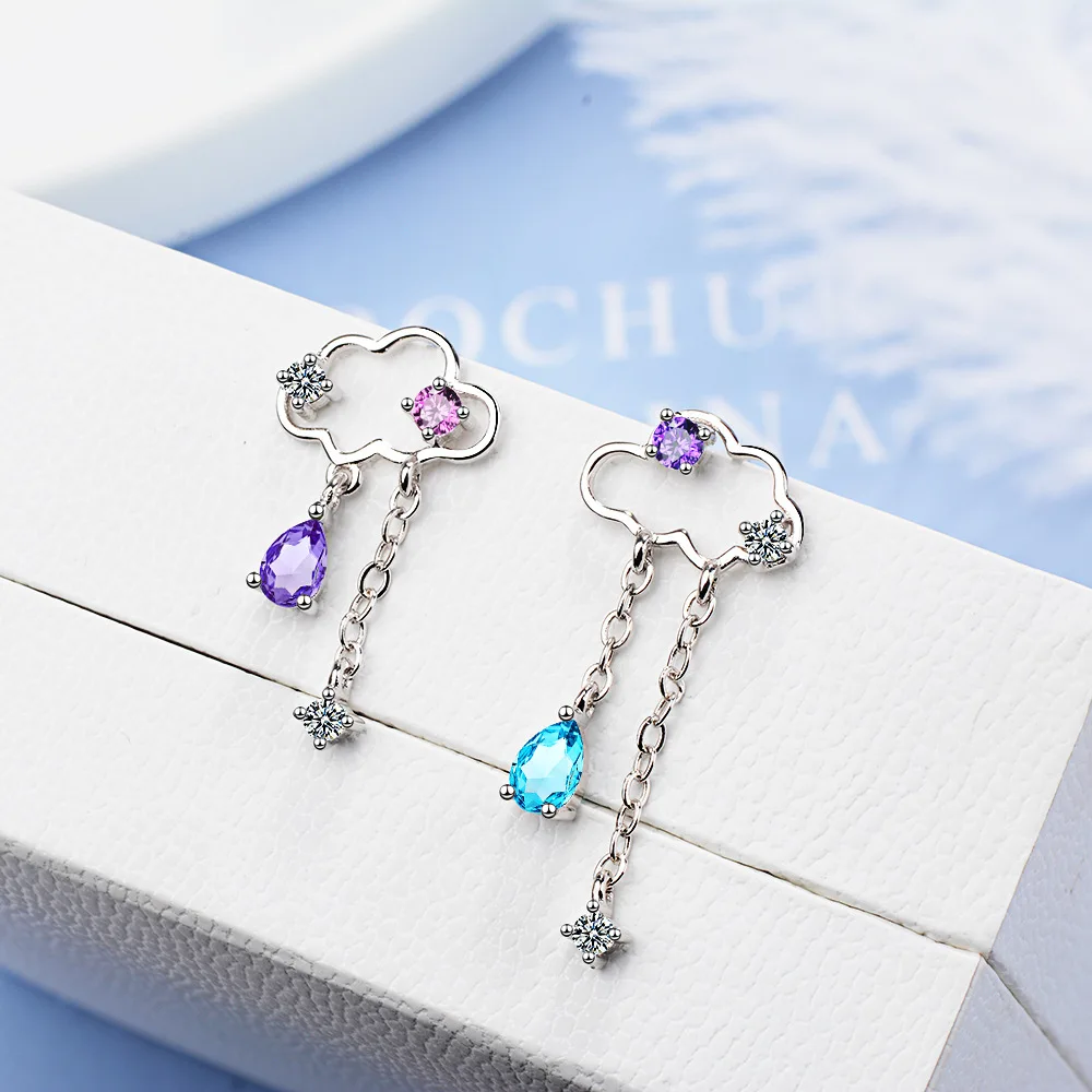 Chic Asymmetric Earrings Fine Jewelry Amethyst Blue Cz Stone Clouds Dangle Tassel Earrings - Image 3