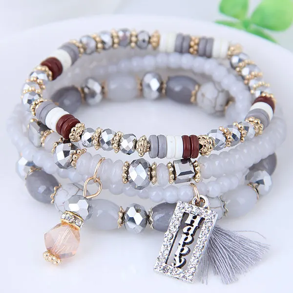 Fashion Tassel and Happy Engrave Charm Bracelet Handmade Multi Color Crystal Bracelet for Women Wholesale Set Bohemia Jewelry