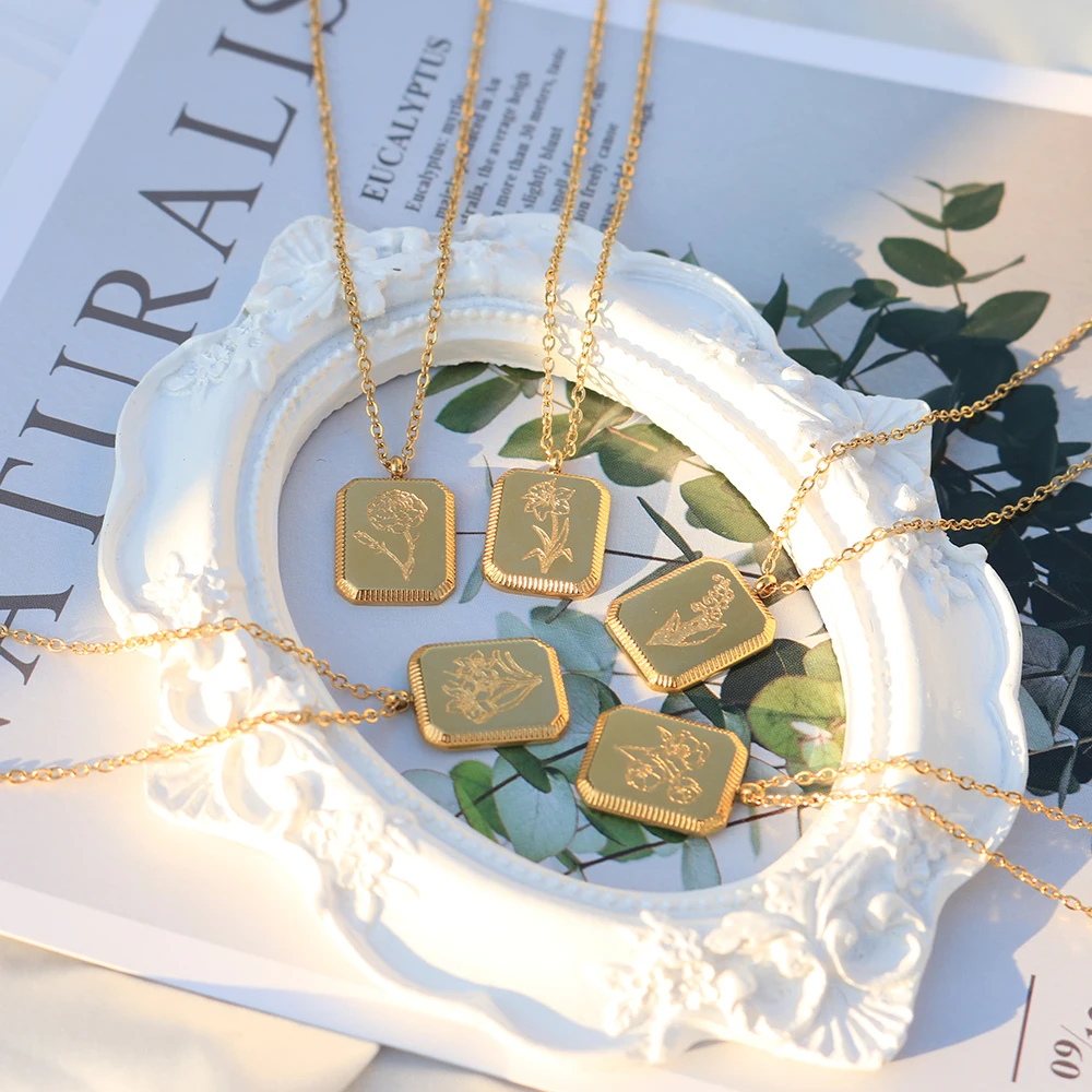 Personalized Gift 18K Gold Plated Birth Flower Necklaces For Women Stainless Steel Square Flower Pendant Charm Necklace Jewelry - Image 3