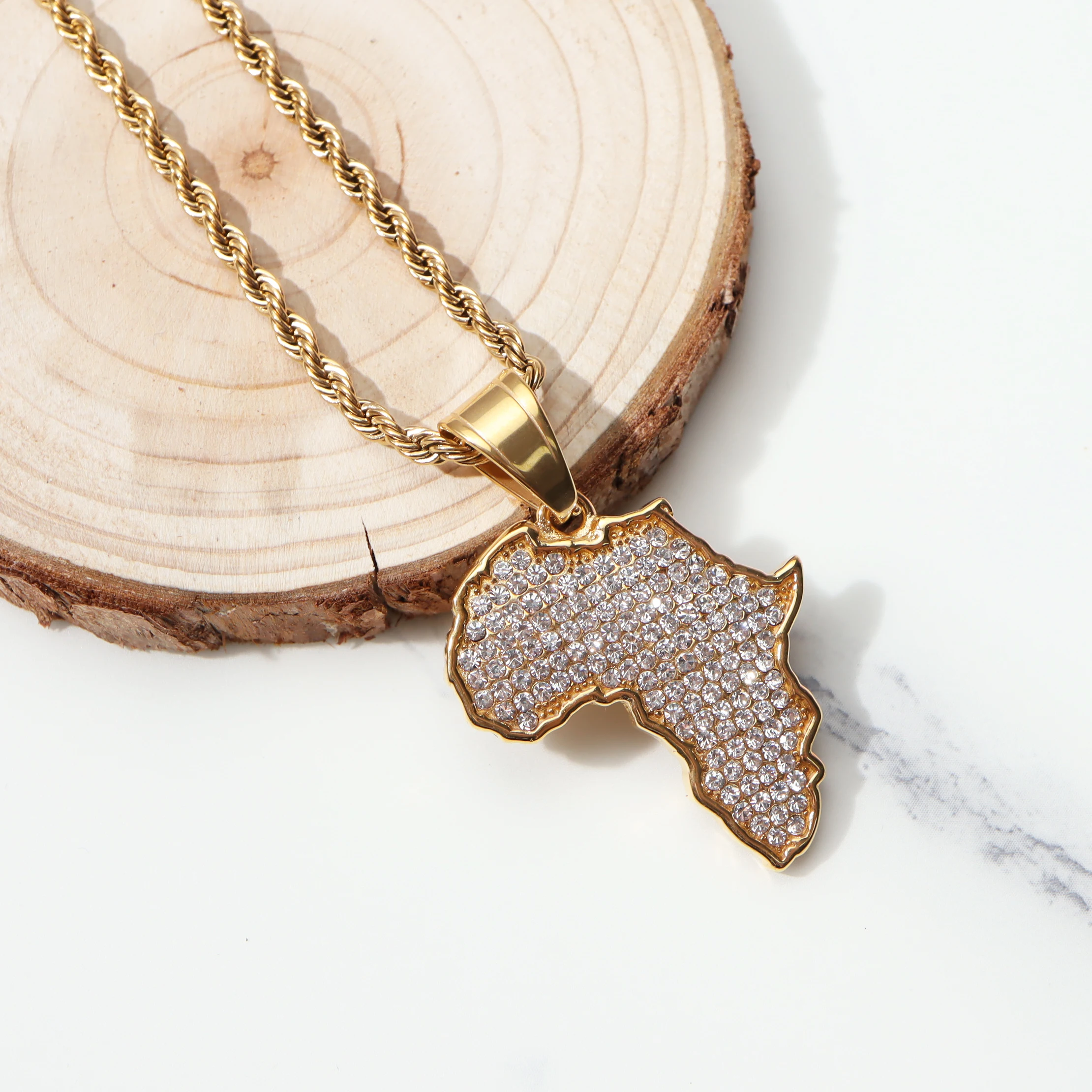 Africa Map Iced Out Chain Rhinestone Crystal Gold Pendant & Necklace Africa Map Pendant Necklace for Men/Women Fashion Jewelry - Image 5