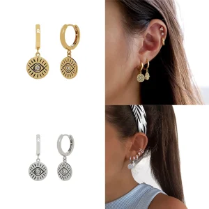 Fashion Jewelry 925 Sterling Silver Oil Drop Black Eye Eyelash Round Disc Pendant Gold Plated Hoop Earrings Women