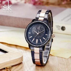 Shengke Luxury Ladies Quartz Wrist Watches Women Bracelet Stainless Steel Watch Black Rose Gold Female Relojes Mujer K0075L