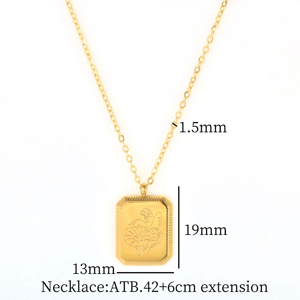 Personalized Gift 18K Gold Plated Birth Flower Necklaces For Women Stainless Steel Square Flower Pendant Charm Necklace Jewelry - Image 5
