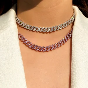 TOP ICY New Arrival Fashion 8mm Pink Cubic Cuban Link Chain Rose Gold Platinum Plated CZ Women Jewelry Necklace