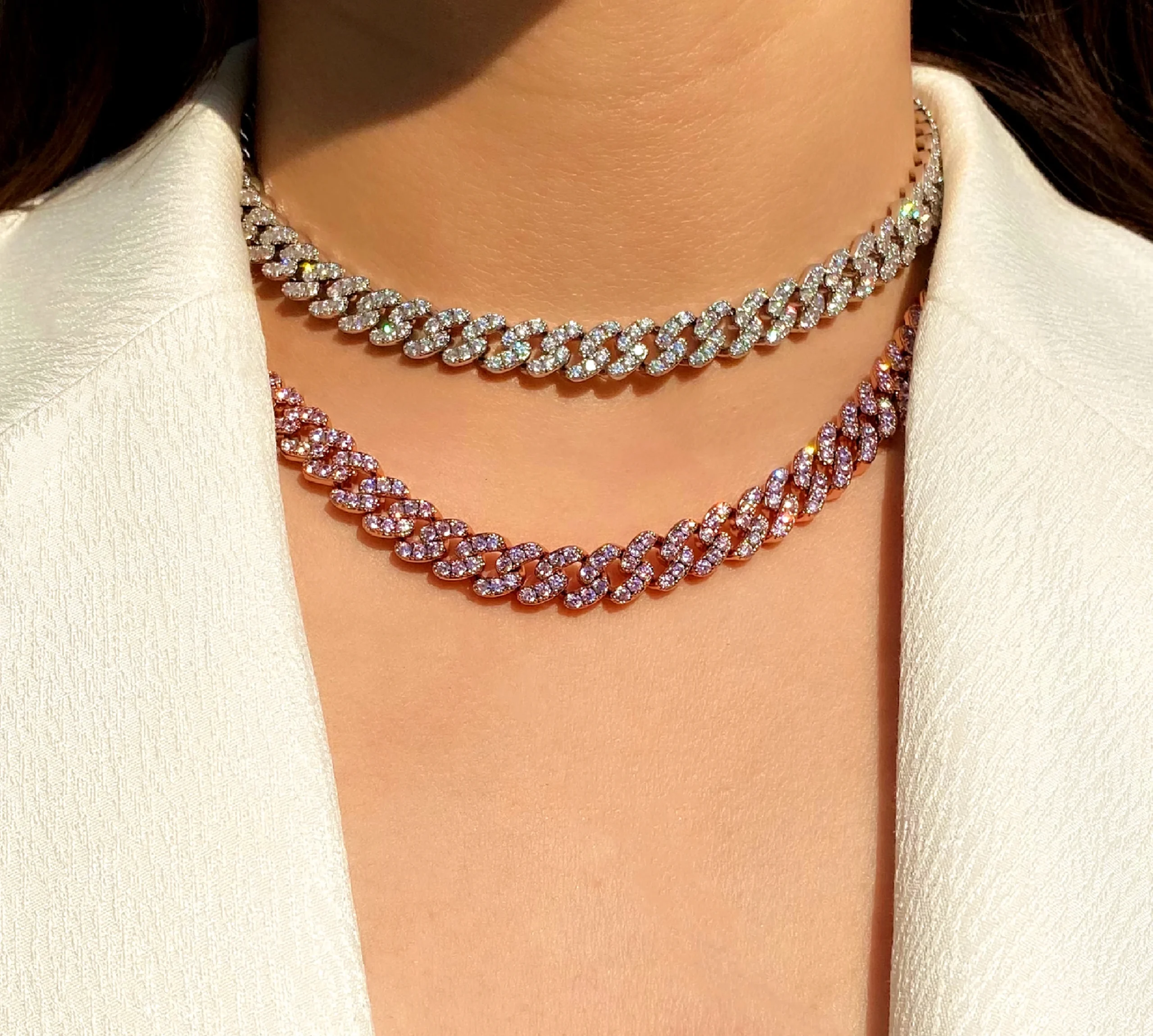 TOP ICY New Arrival Fashion 8mm Pink Cubic Cuban Link Chain Rose Gold Platinum Plated CZ Women Jewelry Necklace