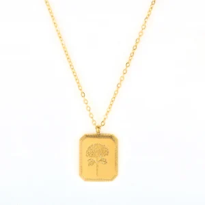 Personalized Gift 18K Gold Plated Birth Flower Necklaces For Women Stainless Steel Square Flower Pendant Charm Necklace Jewelry