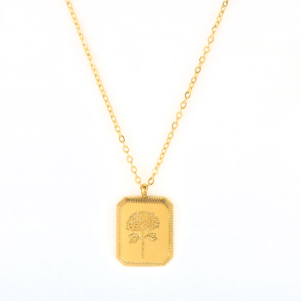 Personalized Gift 18K Gold Plated Birth Flower Necklaces For Women Stainless Steel Square Flower Pendant Charm Necklace Jewelry