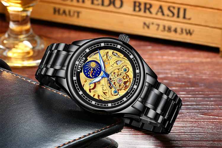 J033 Gold Skeleton Mechanical Watch for Men Automatic Vintage Royal Fashion Engraved Auto Wrist Watches - Image 2