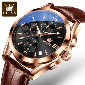 Olevs New 2872 Leather Multi Function Chronograph Men's Watch Waterproof Quartz Watch Luxury Gold Sports Watch Religious Masculi