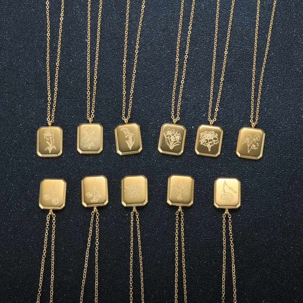 Personalized Gift 18K Gold Plated Birth Flower Necklaces For Women Stainless Steel Square Flower Pendant Charm Necklace Jewelry - Image 6