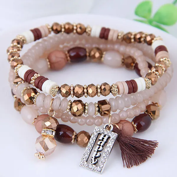 Fashion Tassel and Happy Engrave Charm Bracelet Handmade Multi Color Crystal Bracelet for Women Wholesale Set Bohemia Jewelry - Image 6