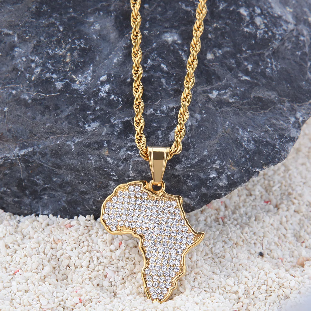 Africa Map Iced Out Chain Rhinestone Crystal Gold Pendant & Necklace Africa Map Pendant Necklace for Men/Women Fashion Jewelry - Image 2