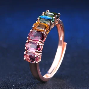 Adjustable Good Quality 925 Sterling Silver Multi Color Natural Tourmaline Gemstone Rings RI005