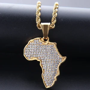 Africa Map Iced Out Chain Rhinestone Crystal Gold Pendant & Necklace Africa Map Pendant Necklace for Men/Women Fashion Jewelry