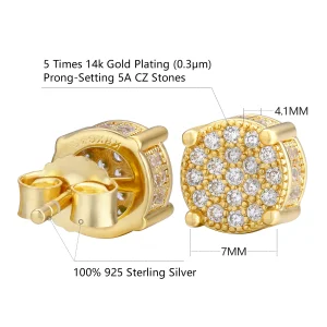 USA 14K Golden Plated 925 Sterling Silver 5A+ Cubic Zirconia Cluster Round Stud Earrings Men Women Jewelry Gift Aretes De Hombre