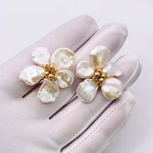 Aimgal Fashion Jewelry Gold Plated Stud Earrings for Women Natural Fresh Water Baroque Pearl Flower for Anniversaries Wholesale