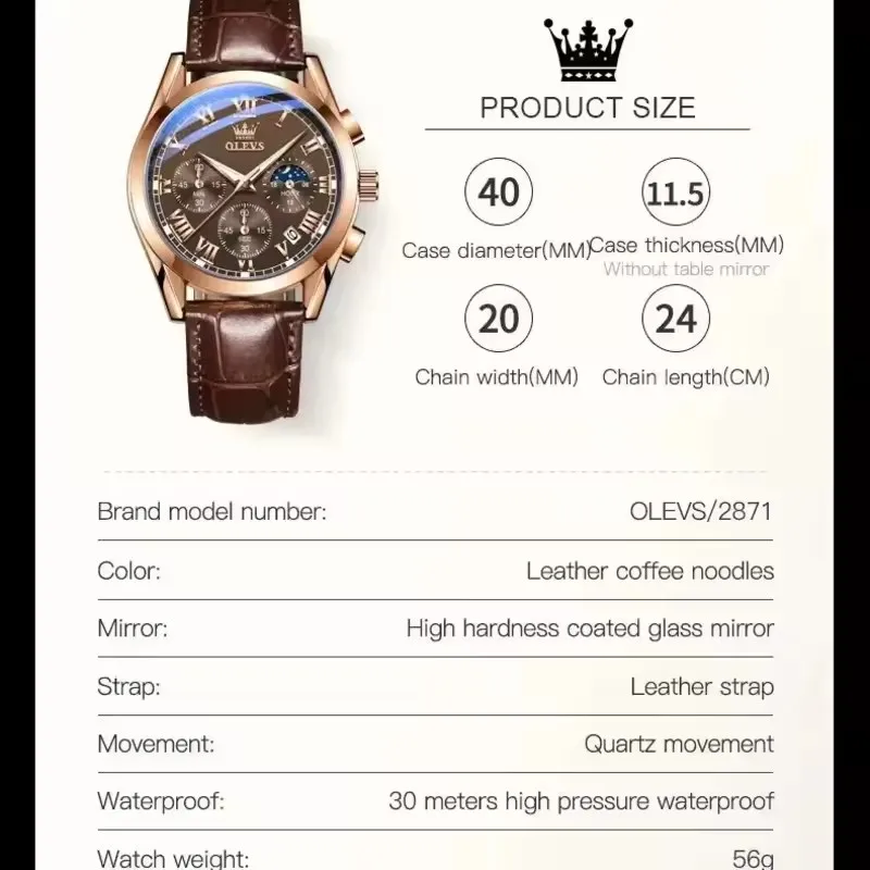 OLEVS 2871 Mens Watch Hot Sale Fashion Business Waterproof Quartz Wrist Watches Men Casual Leather Strap Clock Montre Homme - Image 5