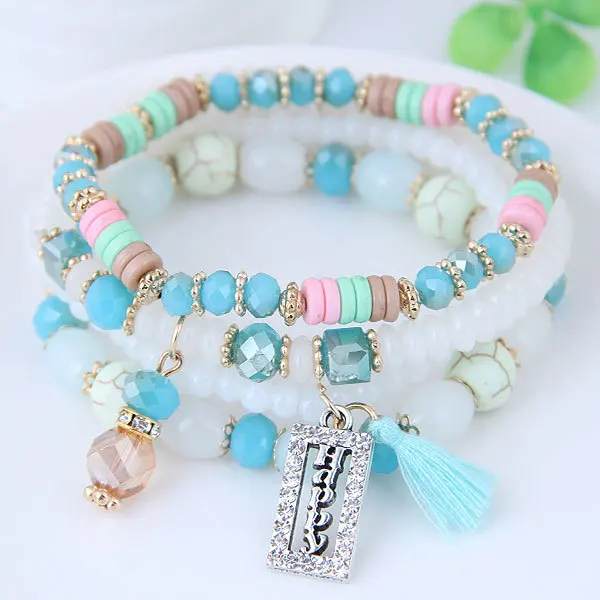 Fashion Tassel and Happy Engrave Charm Bracelet Handmade Multi Color Crystal Bracelet for Women Wholesale Set Bohemia Jewelry - Image 5
