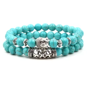 Bohemian 8mm Chain Bead Bracelet Set Silver Lion Owl Buddha Head Turquoise Natural Stone High Quality Ball Shape Pattern for Men