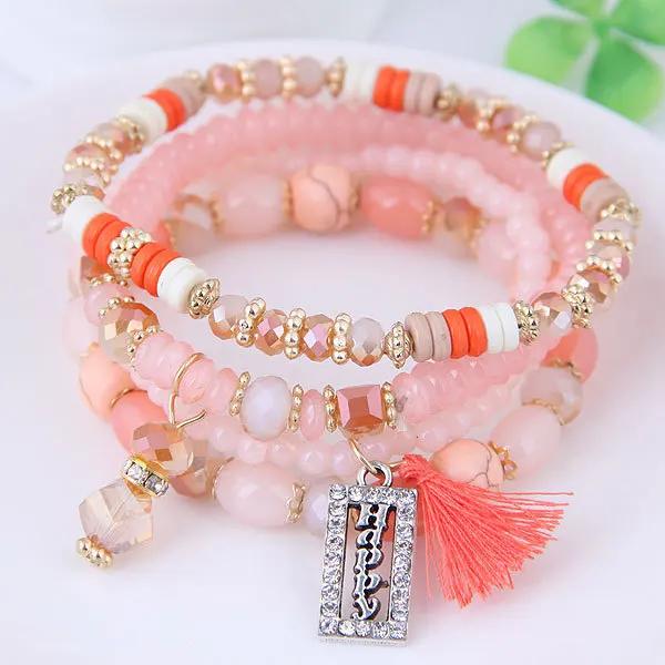 Fashion Tassel and Happy Engrave Charm Bracelet Handmade Multi Color Crystal Bracelet for Women Wholesale Set Bohemia Jewelry - Image 3