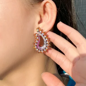 Expensive Pink Red Micro Cubic Zirconia Pave Symmetrical Peacock Shape Women Classy Drop Earring for Wedding Party Wear Jewelry