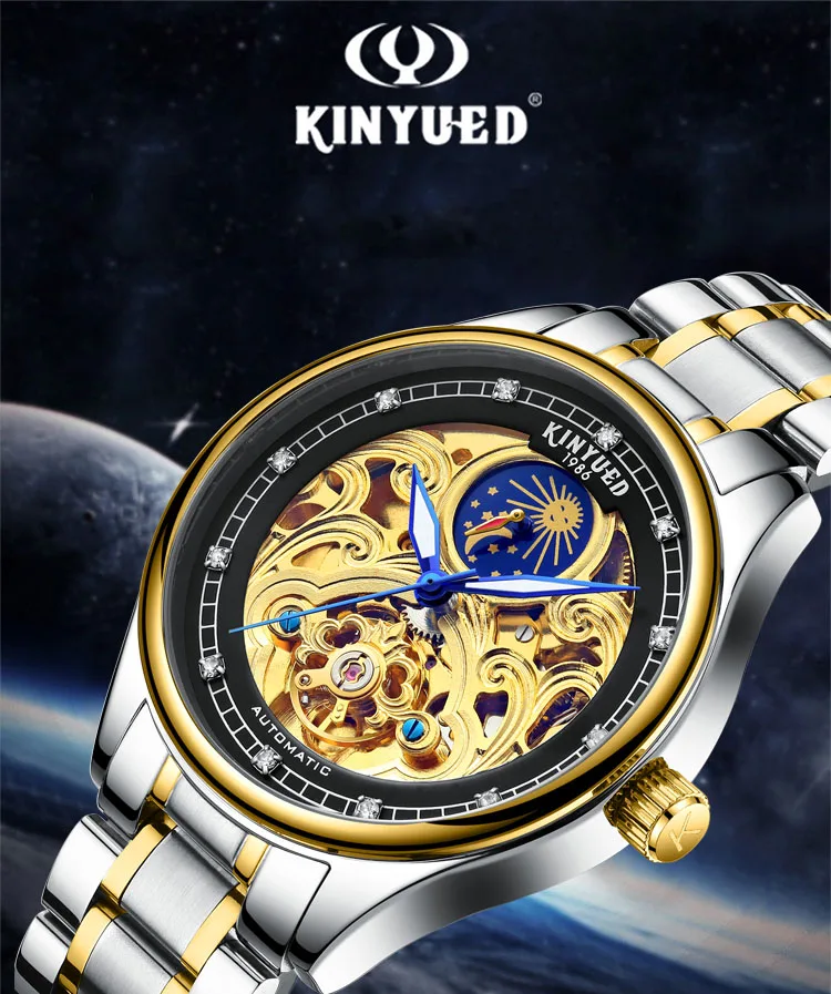 J033 Gold Skeleton Mechanical Watch for Men Automatic Vintage Royal Fashion Engraved Auto Wrist Watches